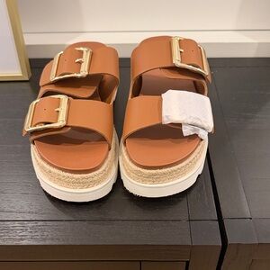 Madden Girl Tan Sandals with Gold Buckles